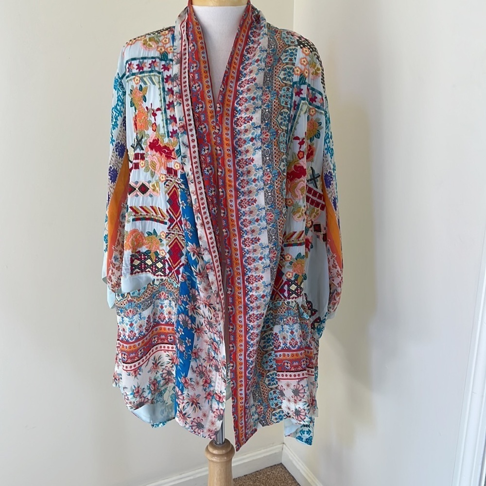 JOHNNY WAS Betimo embroidered XL silk and rayon blend kimono duster